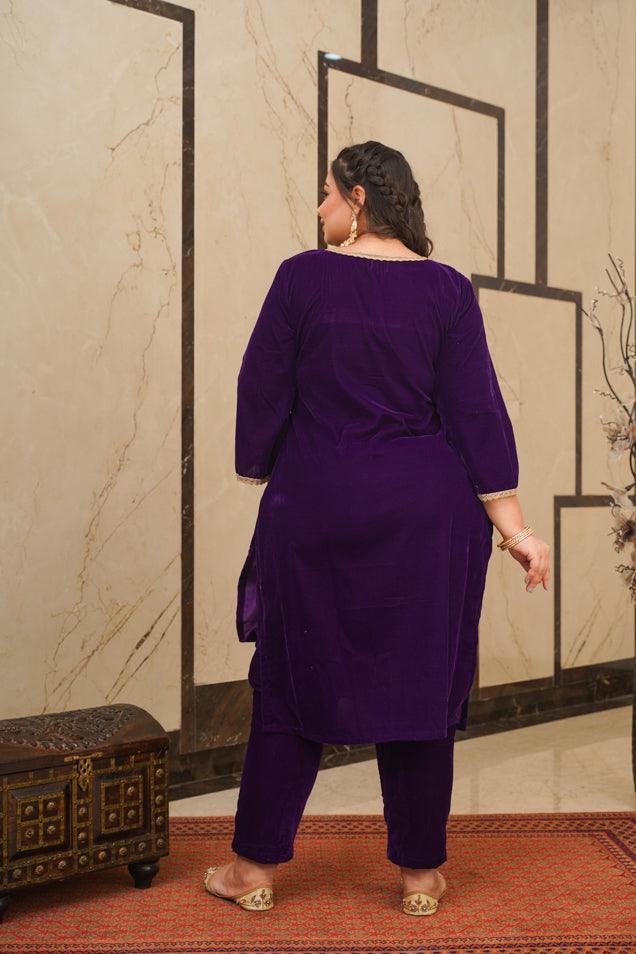 Purple Velvet Kurta Set - (Set of 3)