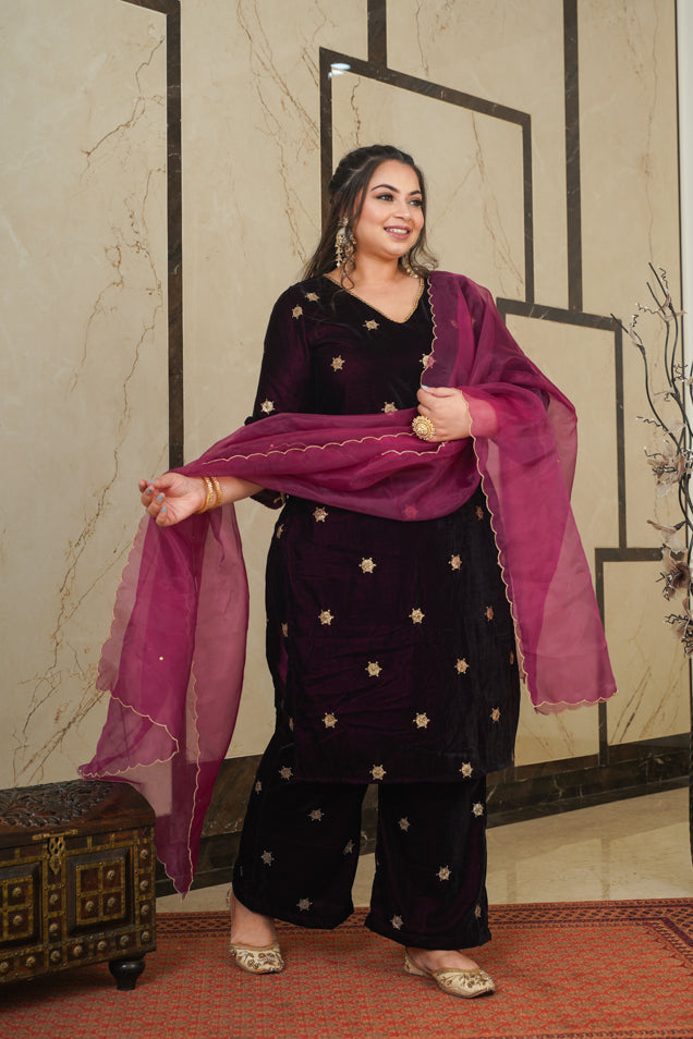 Wine Embroidered Velvet Kurta Suit Set - (Set of 3)