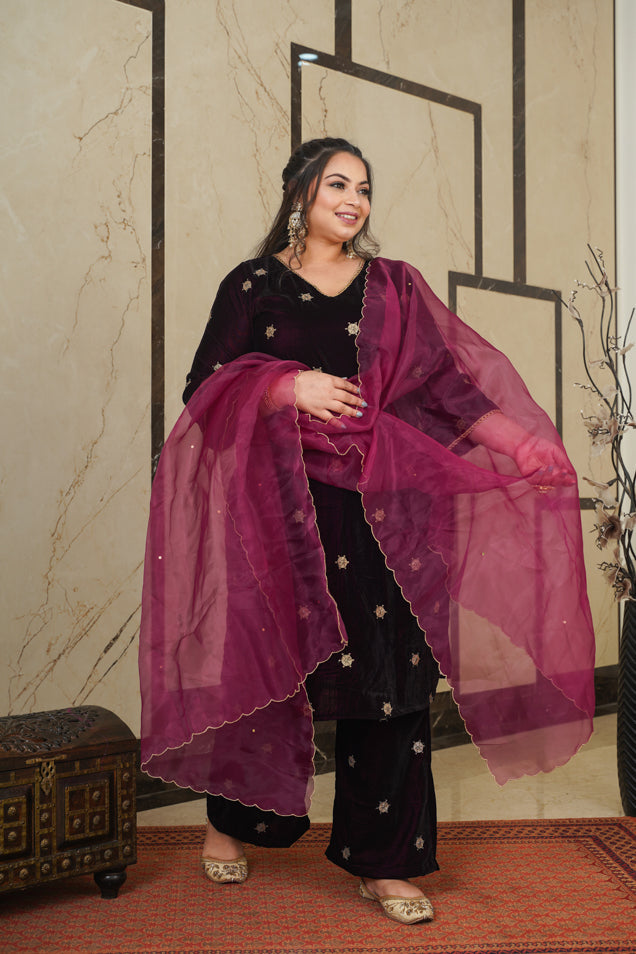 Wine Embroidered Velvet Kurta Suit Set - (Set of 3)