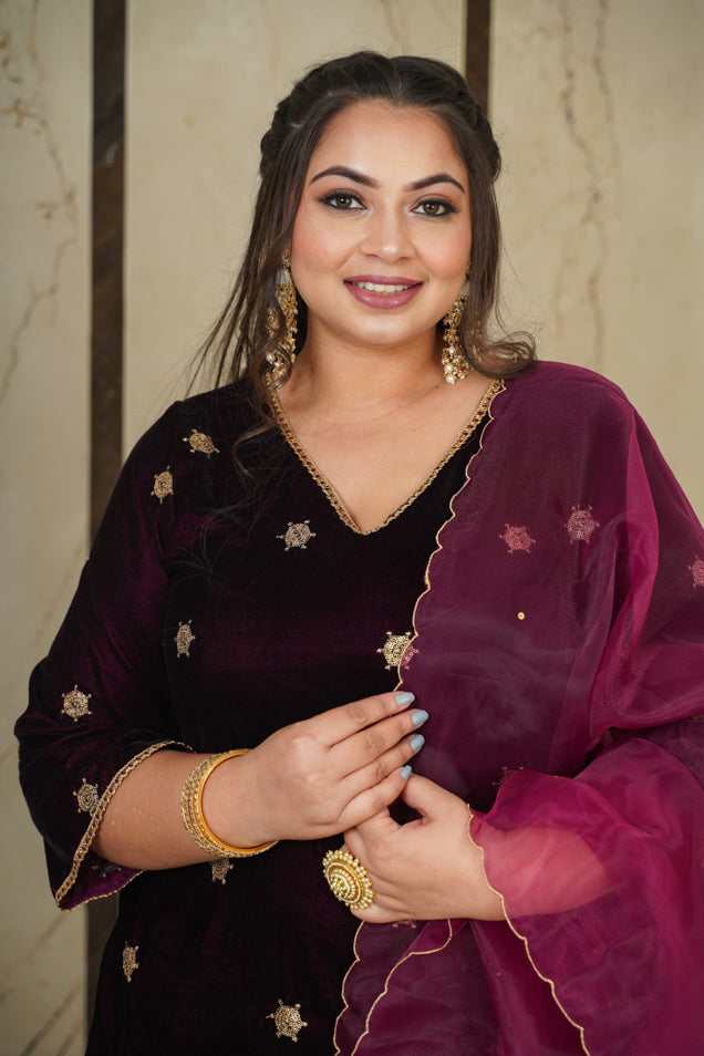 Wine Embroidered Velvet Kurta Suit Set - (Set of 3)