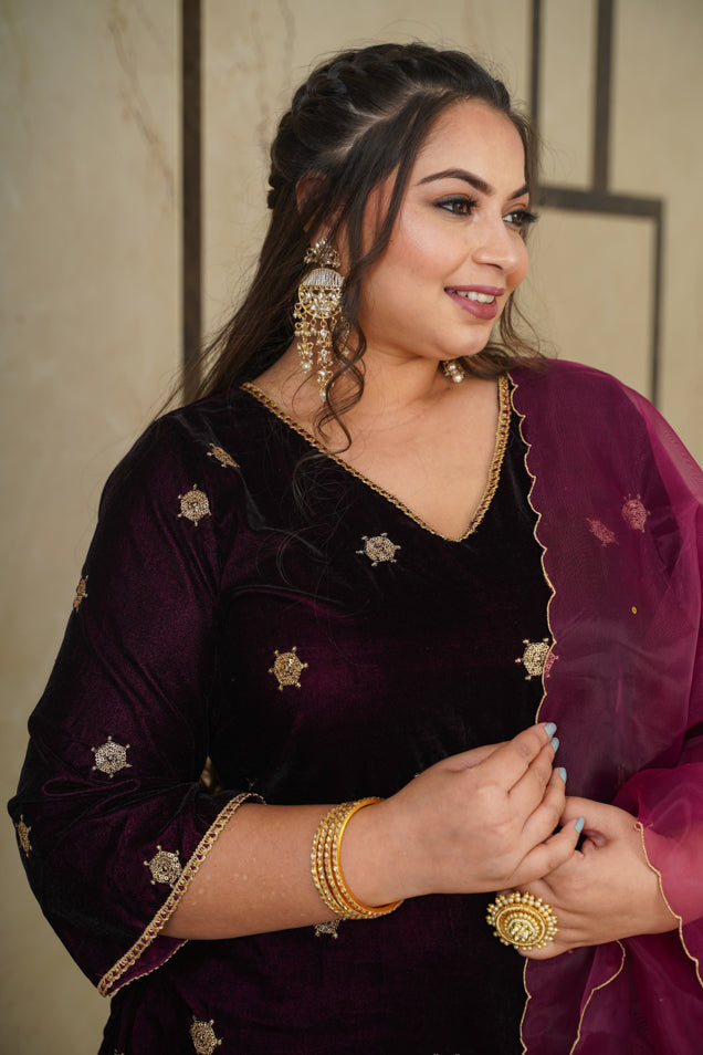 Wine Embroidered Velvet Kurta Suit Set - (Set of 3)