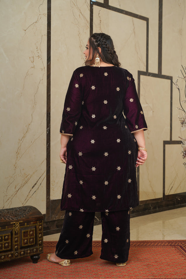 Wine Embroidered Velvet Kurta Suit Set - (Set of 3)