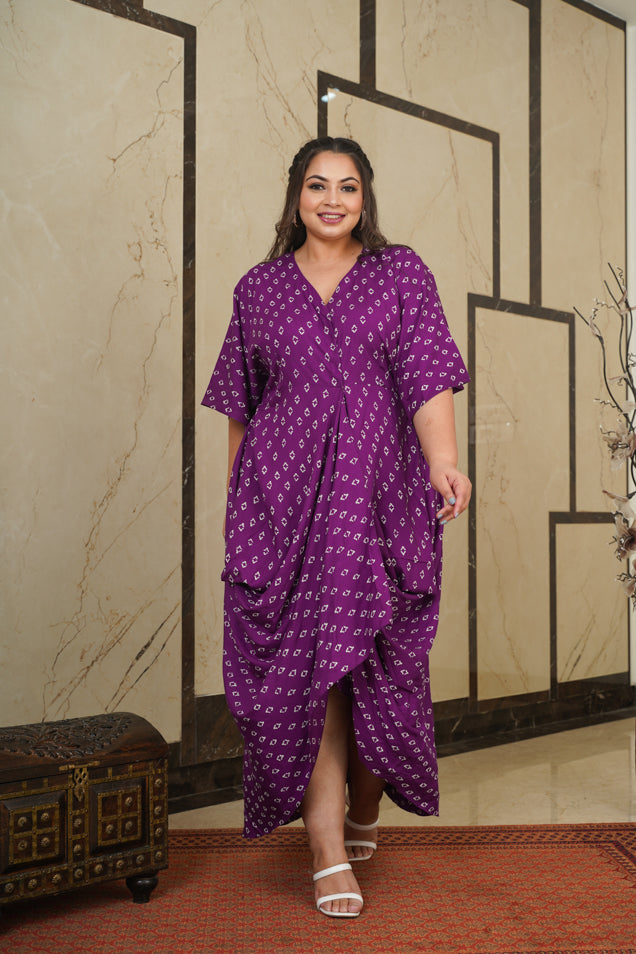 fitted lace wedding dress Shop Plus Size Violet Printed Cowl Indo-Western Dress Online