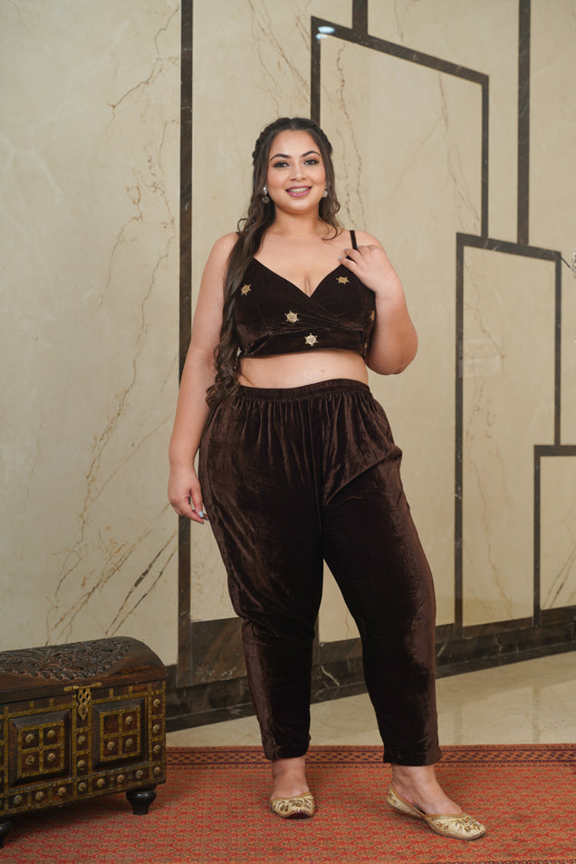 Brown Velvet Gold Bralet-Plus Size