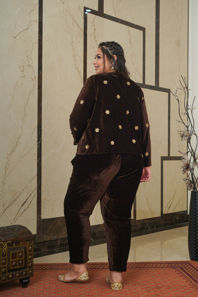 Brown Embroidered Velvet Jacket-Plus Size