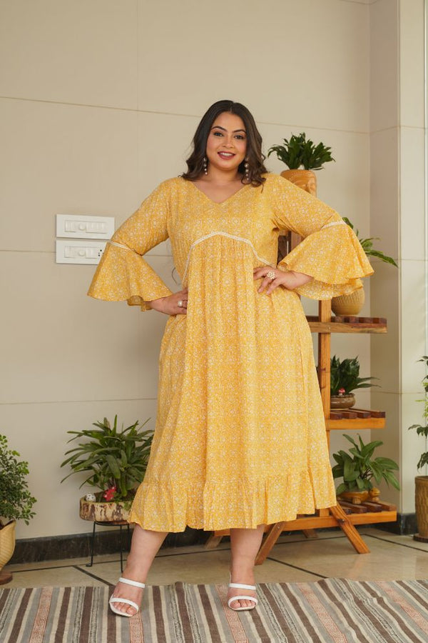 Yellow Cotton Floral Ruffle Dress-Plus Size