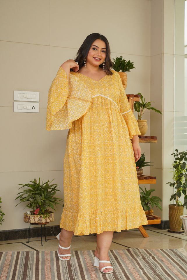 Yellow Cotton Floral Ruffle Dress-Plus Size