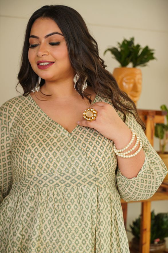 Katli Printed V-Neck Slit Dress-Plus Size