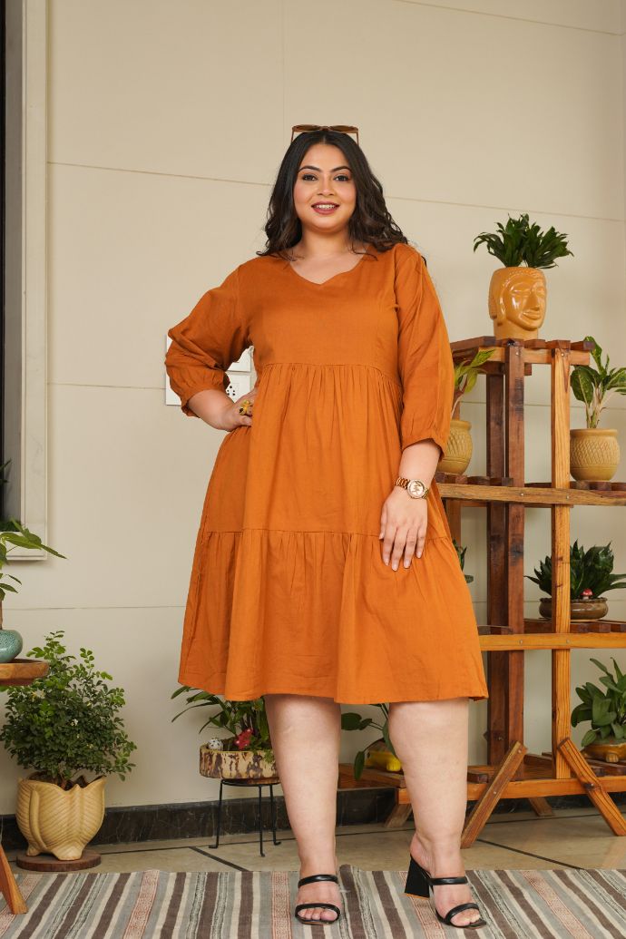 TAN TIERED LINEN DRESS - PLUS SIZE