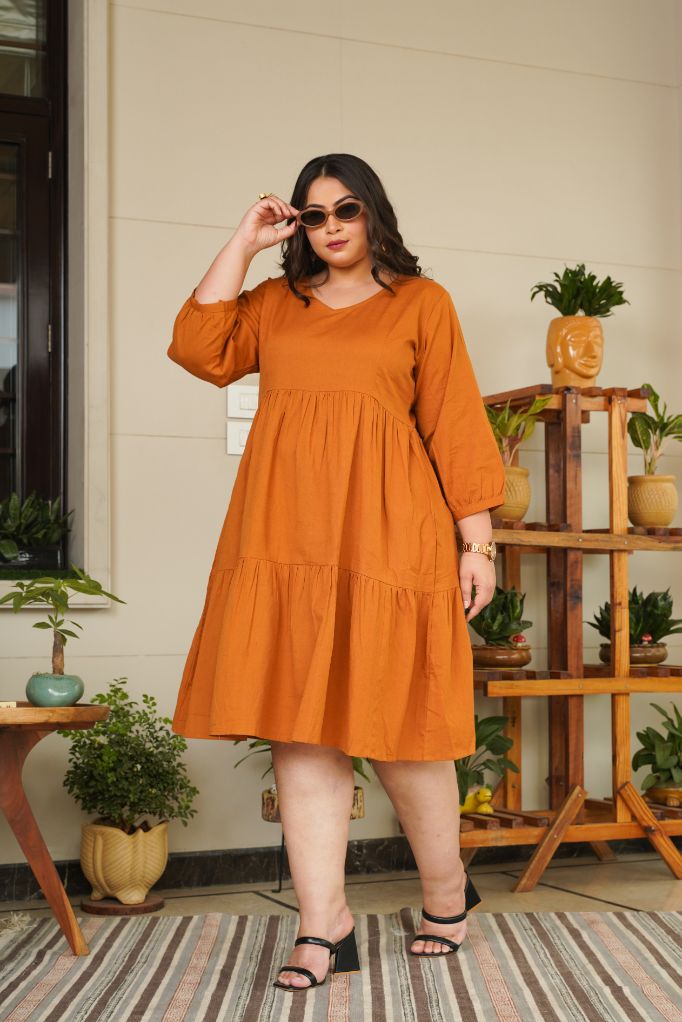 TAN TIERED LINEN DRESS - PLUS SIZE