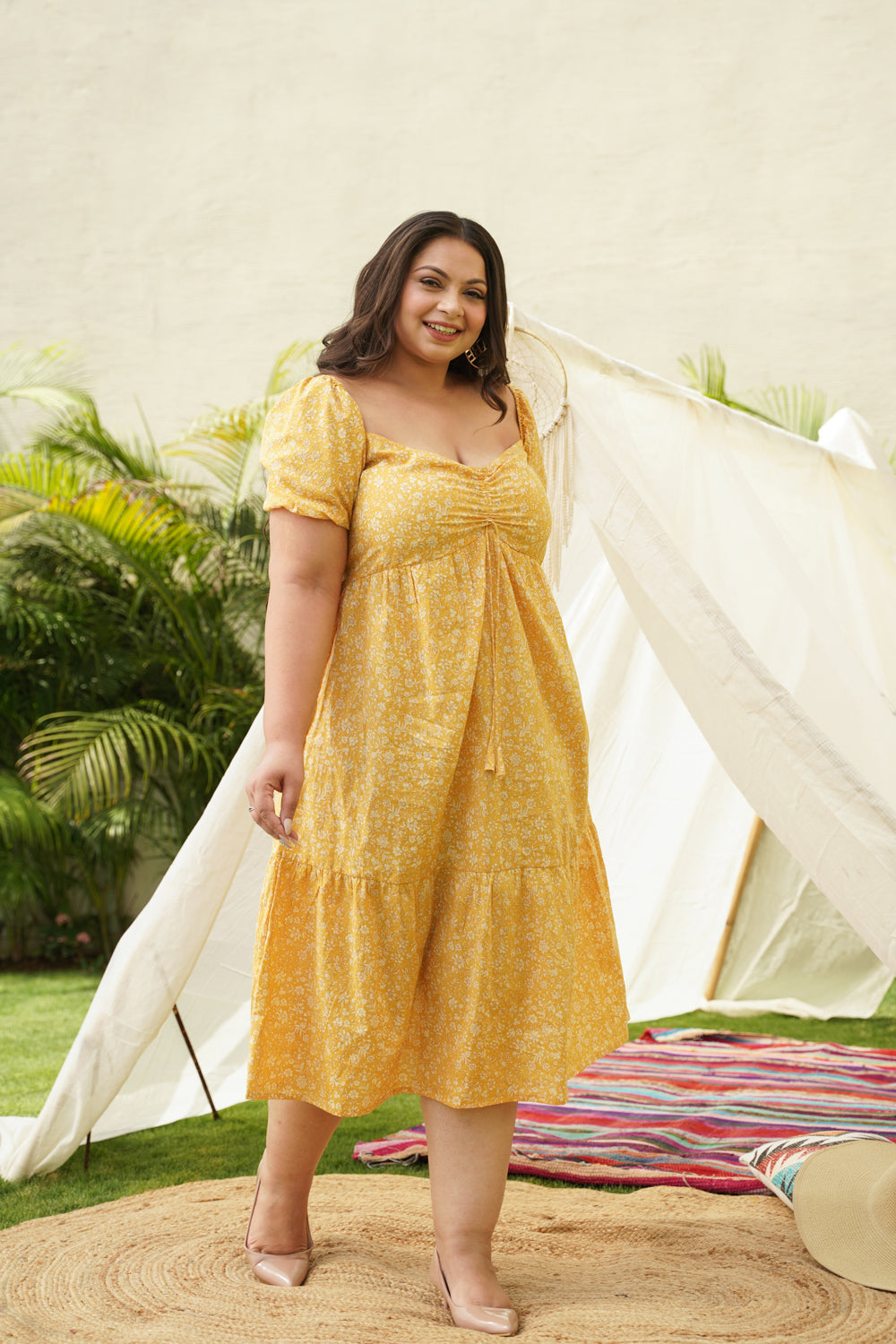 Yellow Drawstring Floral Tiered Dress