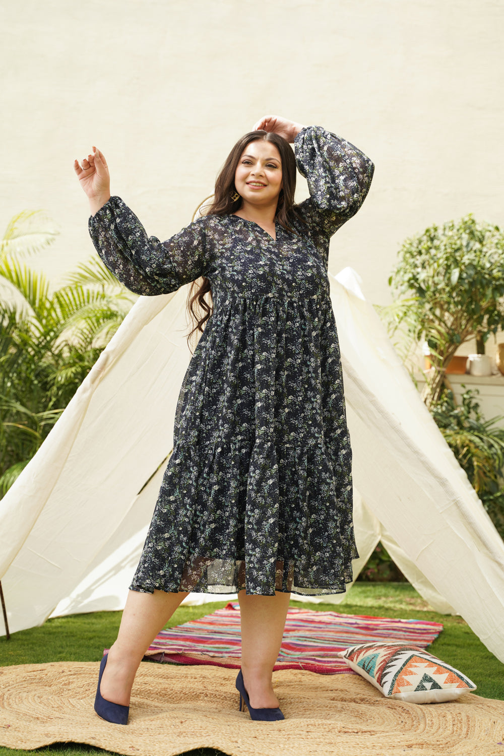 Blue Tiered Georgette Midi Dress