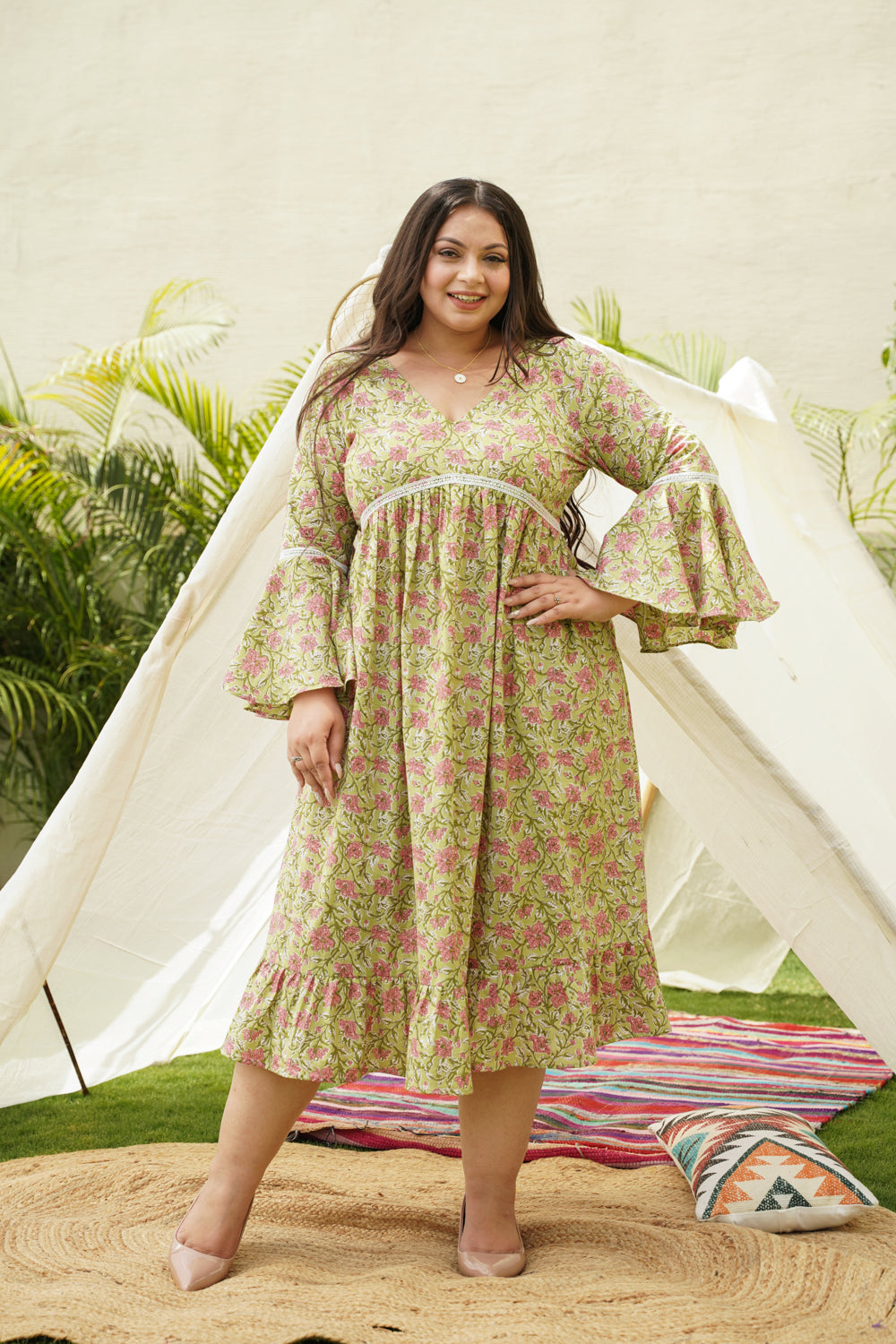 Lime Cotton Floral Ruffle Dress