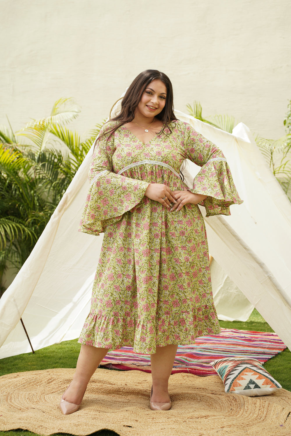 Lime Cotton Floral Ruffle Dress