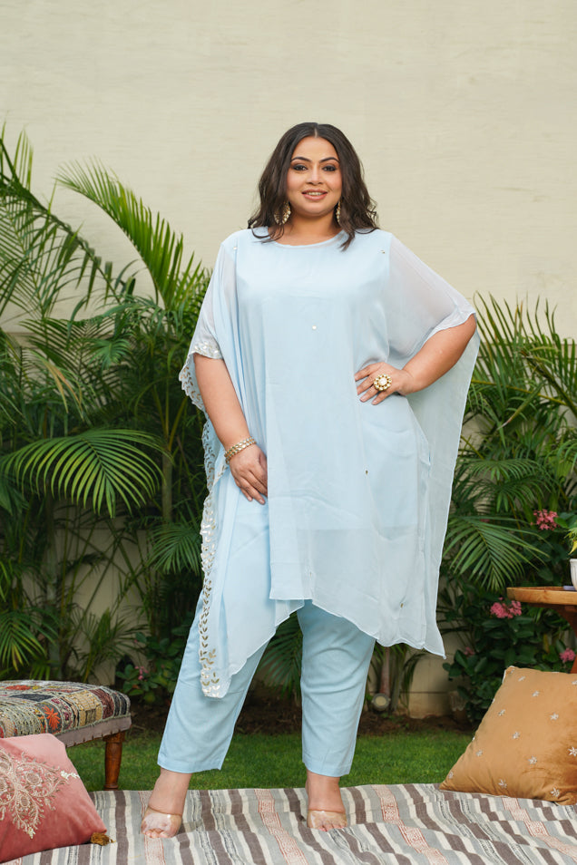 Powder Blue Gold Embroidered Kaftan Set
