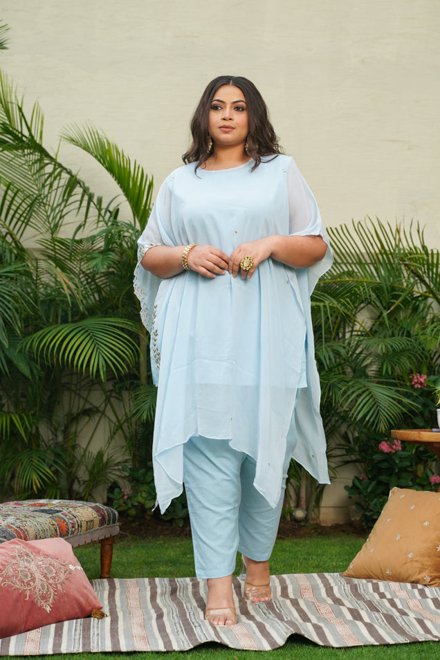 Powder Blue Gold Embroidered Kaftan Set
