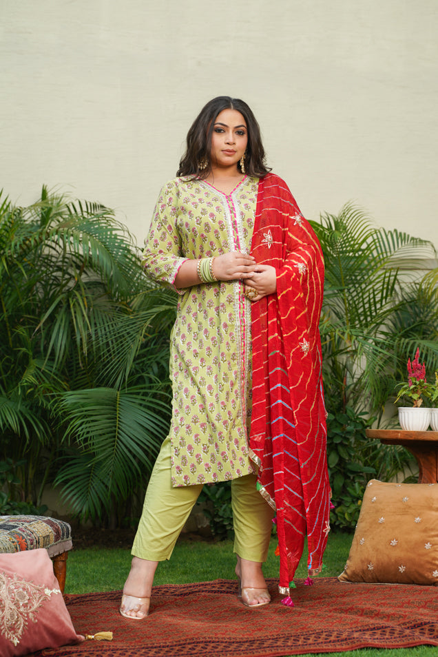 Lime Green Kyaari Suit Set - ( Set of 3)