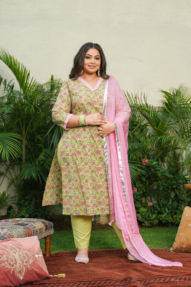 Pear Green V-Neck Cotton Printed Suit Set - (Set of 3)