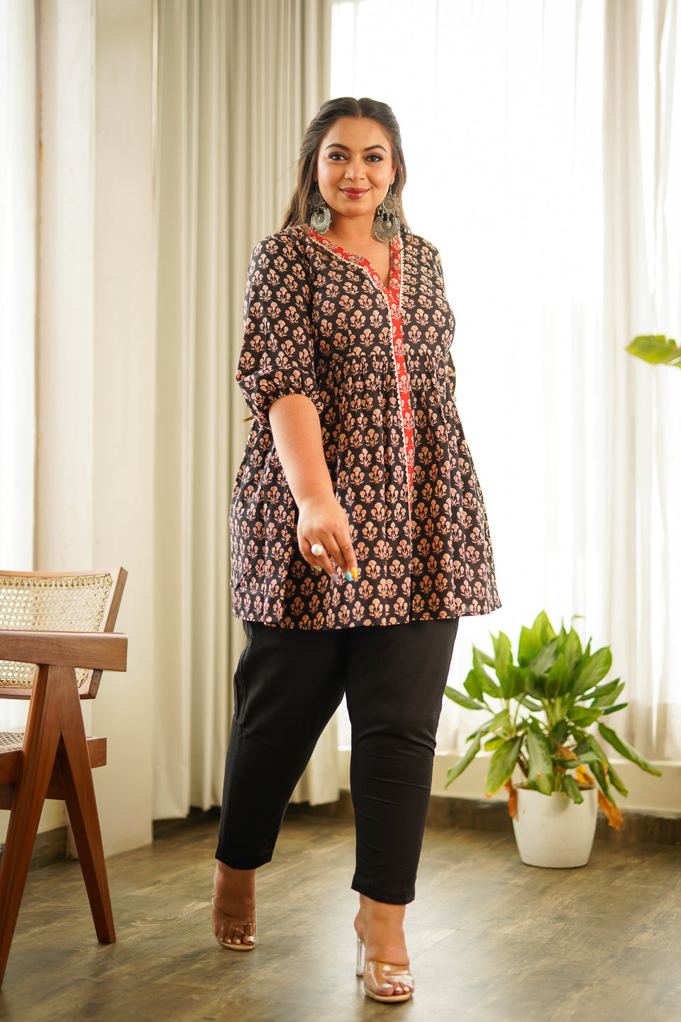 Black Block Print Peplum Set by Nangaliaruchira