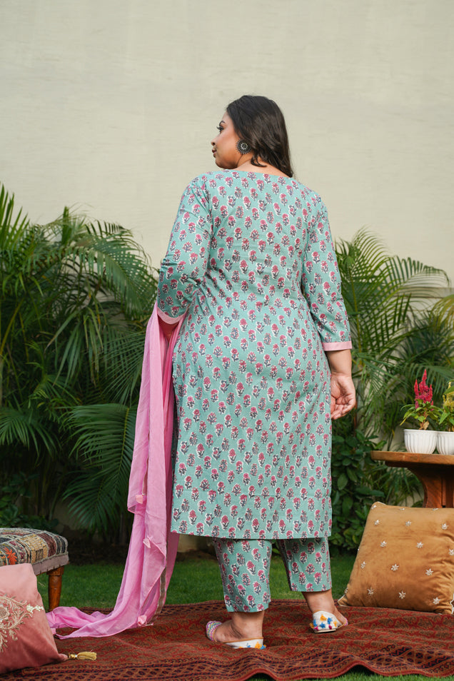 Blue Cotton Kyaari Printed Kurta Set - (Set Of 3)