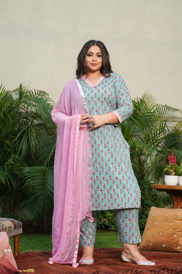 Blue Cotton Kyaari Printed Kurta Set - (Set Of 3)