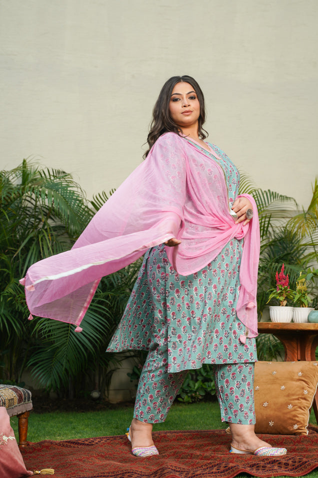 Blue Cotton Kyaari Printed Kurta Set - (Set Of 3)