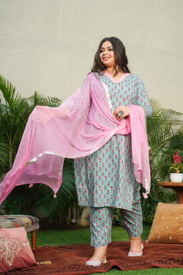 Blue Cotton Kyaari Printed Kurta Set - (Set Of 3)