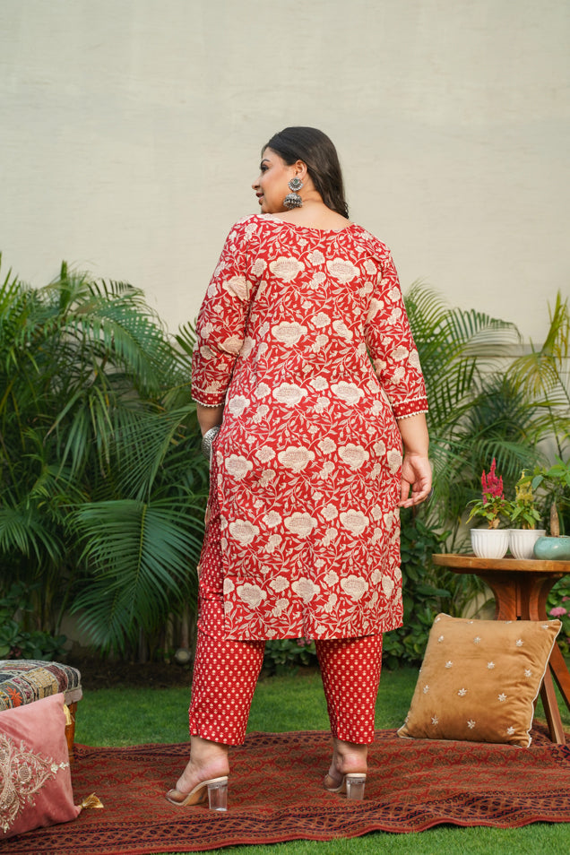 Red Floral Kurta Pant Set - (Set of 2)