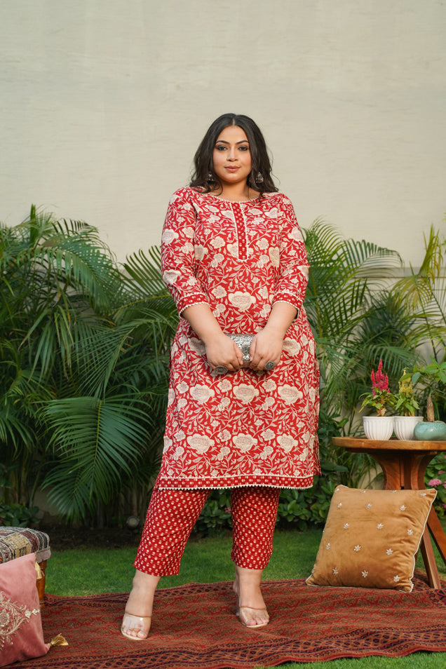 Red Floral Kurta Pant Set - (Set of 2)