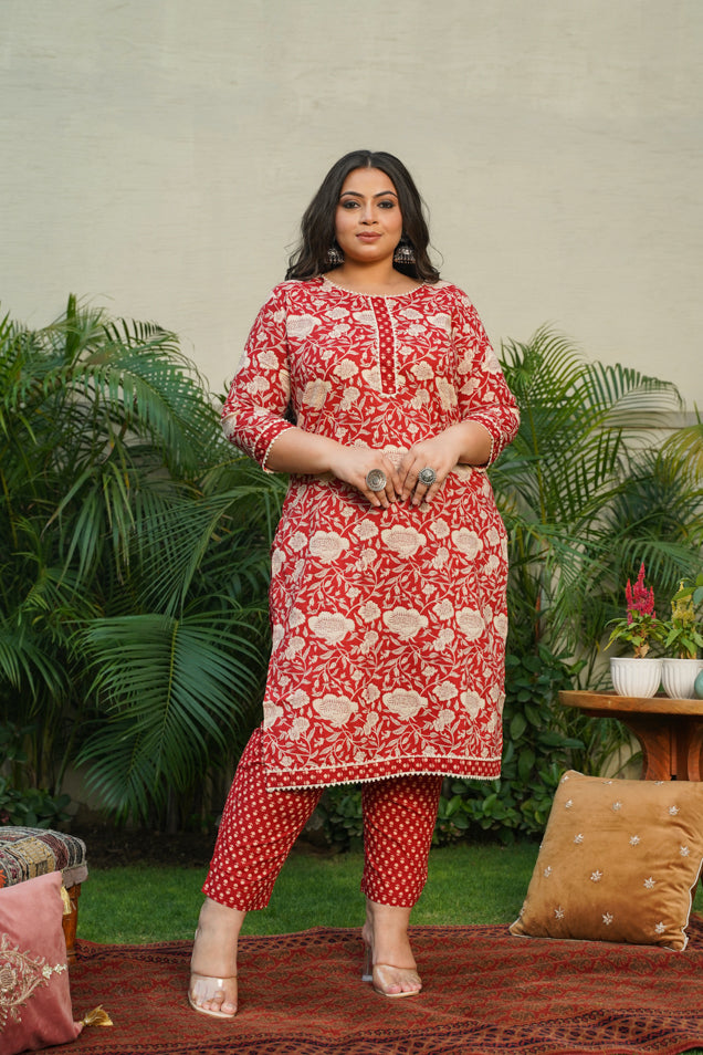 Red Floral Kurta Pant Set - (Set of 2)