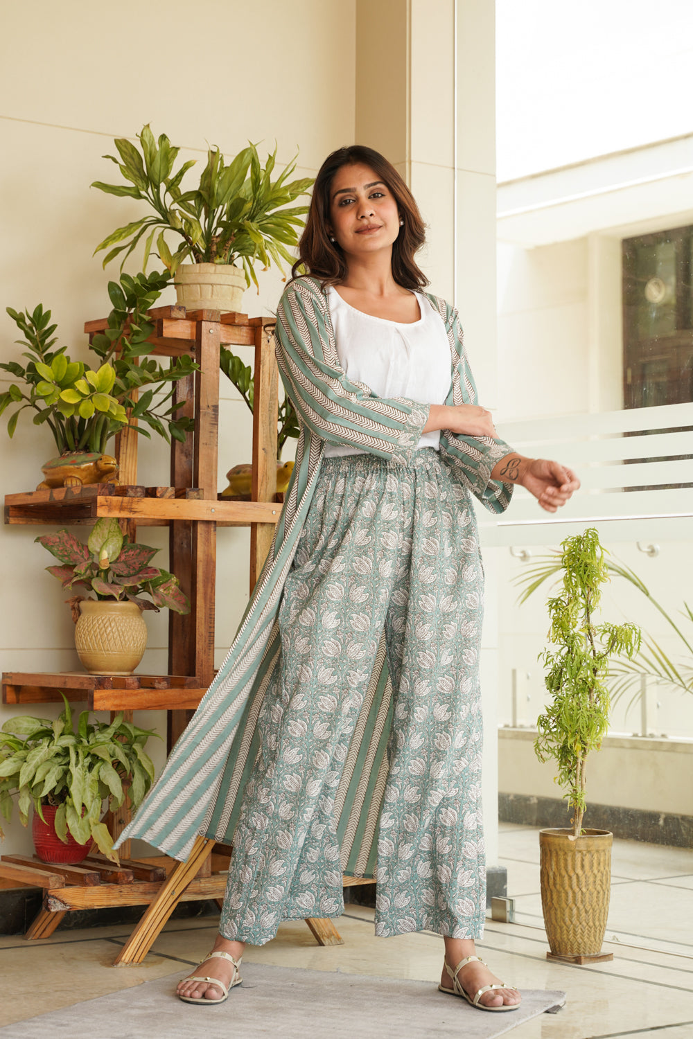 Mint Cotton Shrug Palazzo Set - Set of 2