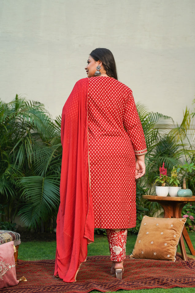 Red Booti Gold Kurta Dupatta Suit Set - (Set of 3)