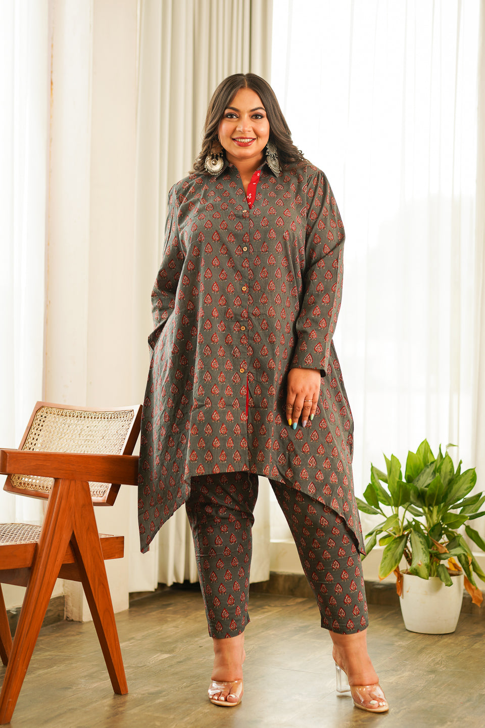 Grey Hi-Lo Collared Cotton Co-ord Set