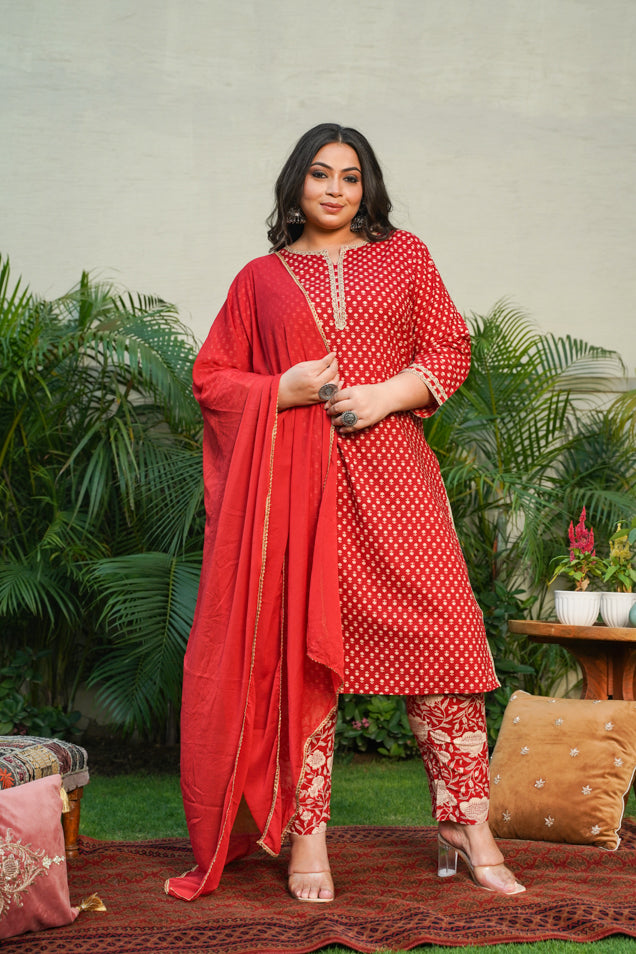 Red Booti Gold Kurta Dupatta Suit Set - (Set of 3)