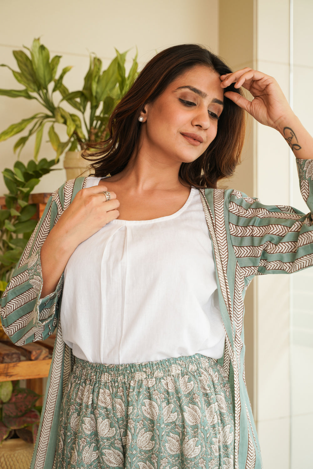 Mint Cotton Shrug Palazzo Set (Set of 3)