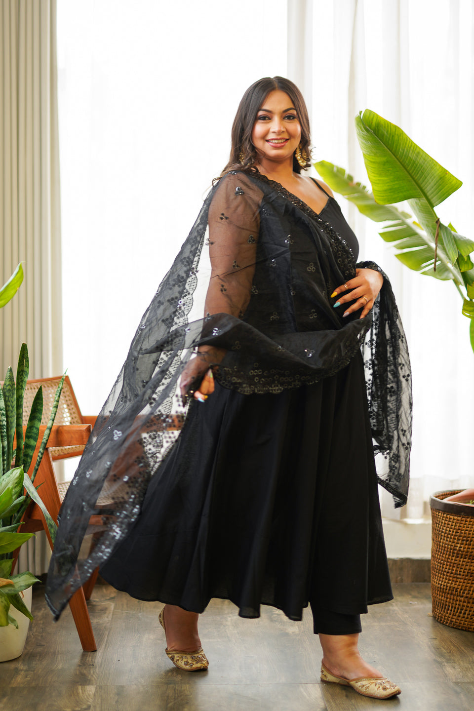 Regal Black Shiny Anarkali-plus size