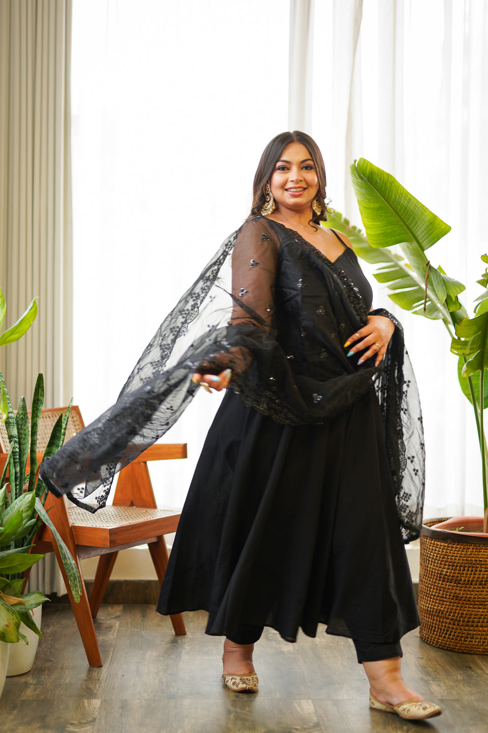 Regal Black Shiny Anarkali-plus size