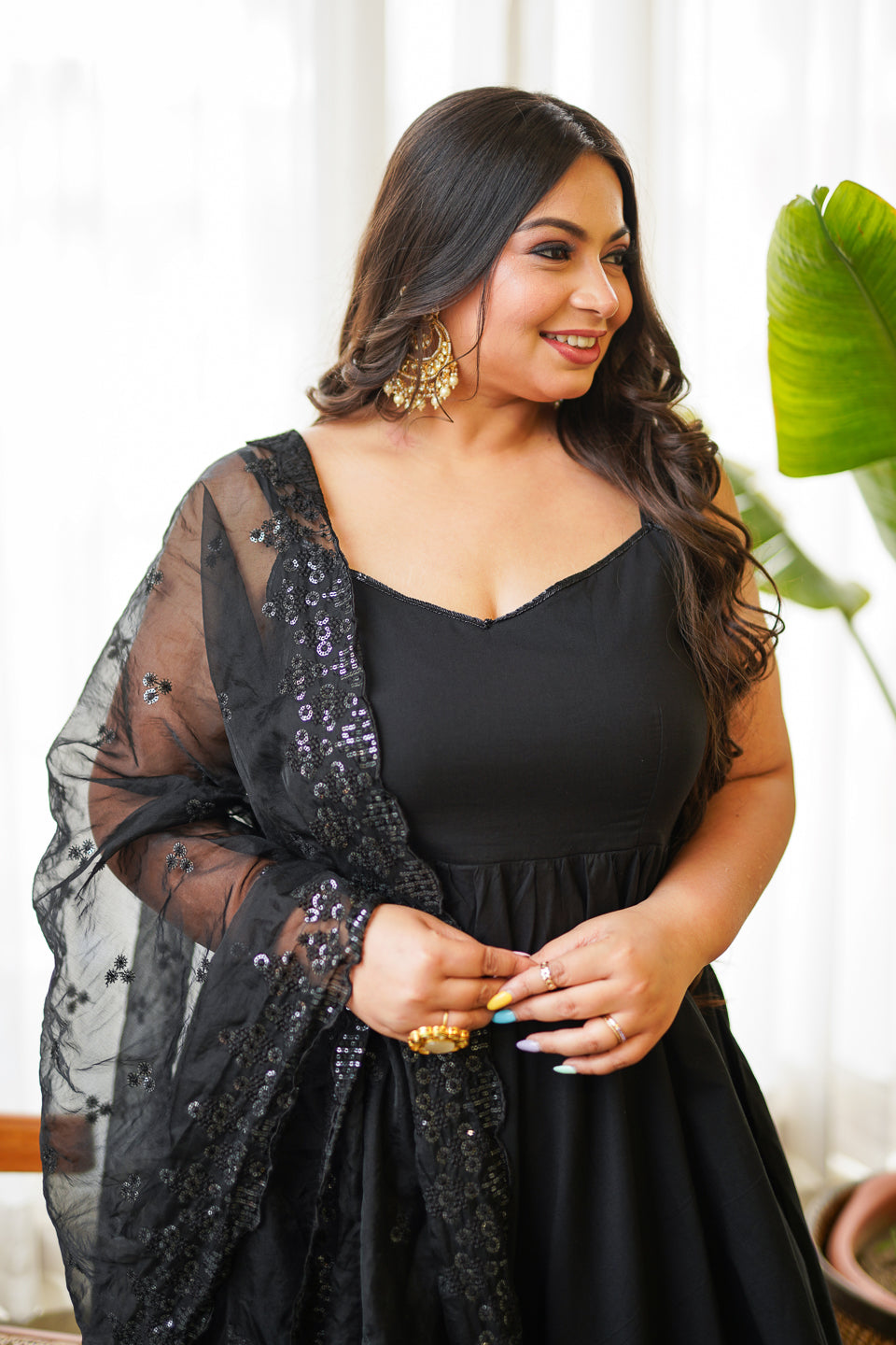 Regal Black Shiny Anarkali-plus size