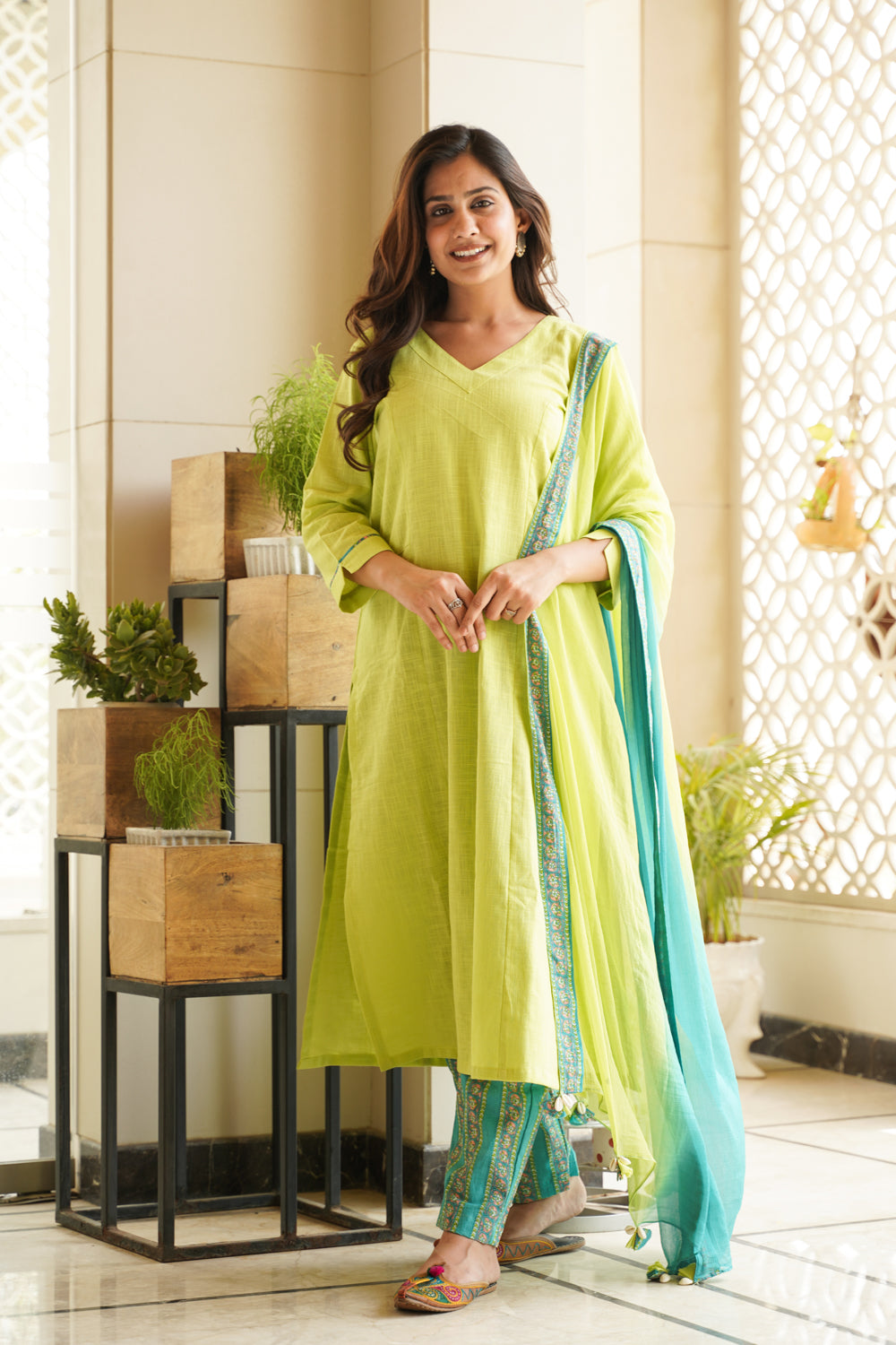 Lime Green Straight Kurta Cotton Slub Suit Set (Set of 3)