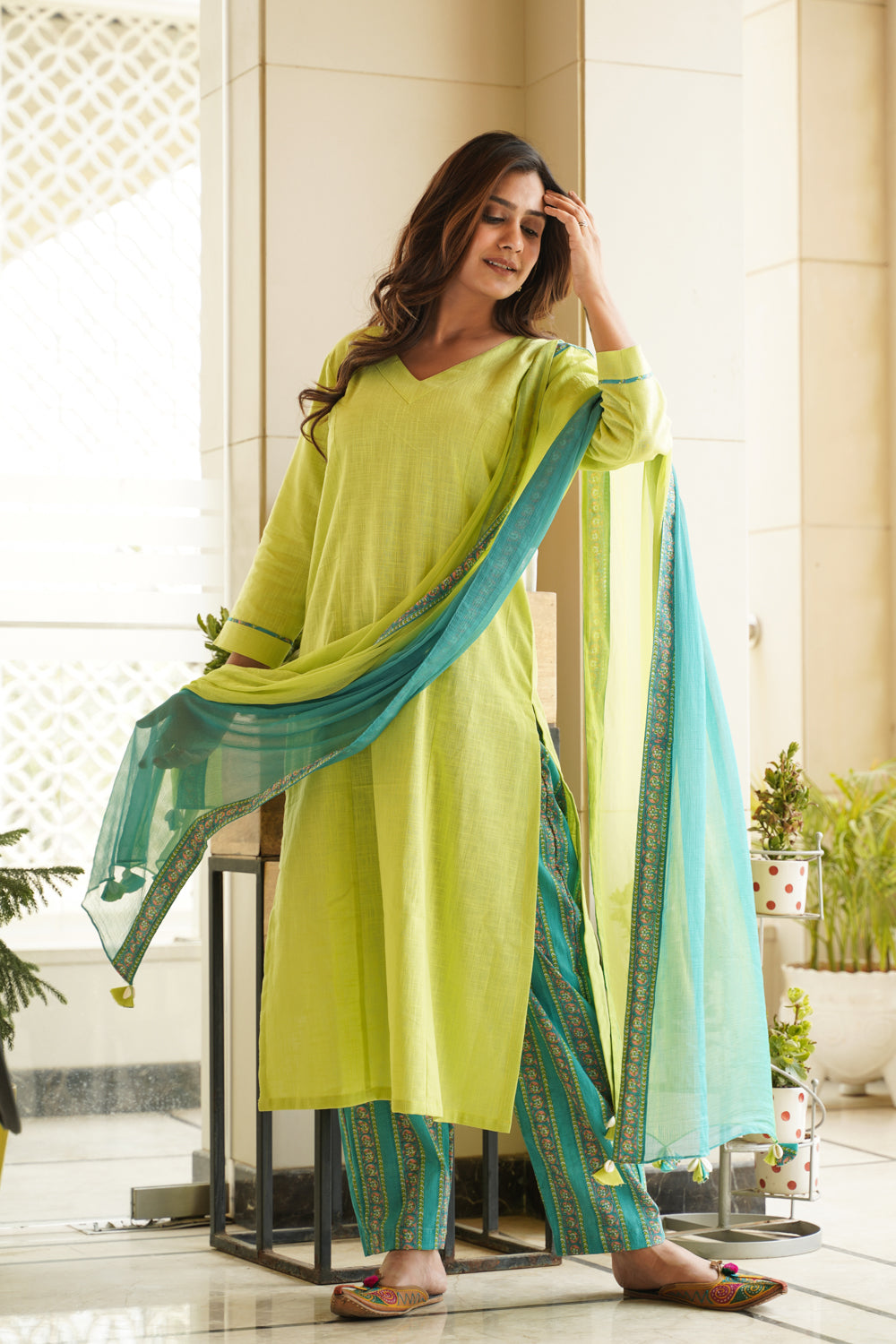 Lime Green Straight Kurta Cotton Slub Suit Set (Set of 3)