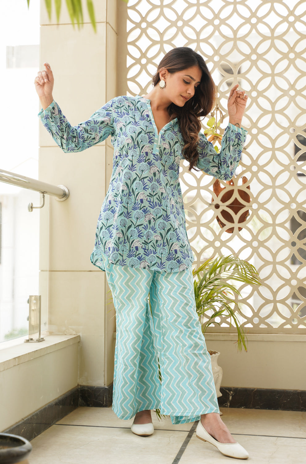 Short Kurta Pajama Design For Girl Sky Blue Cotton Short Kurta