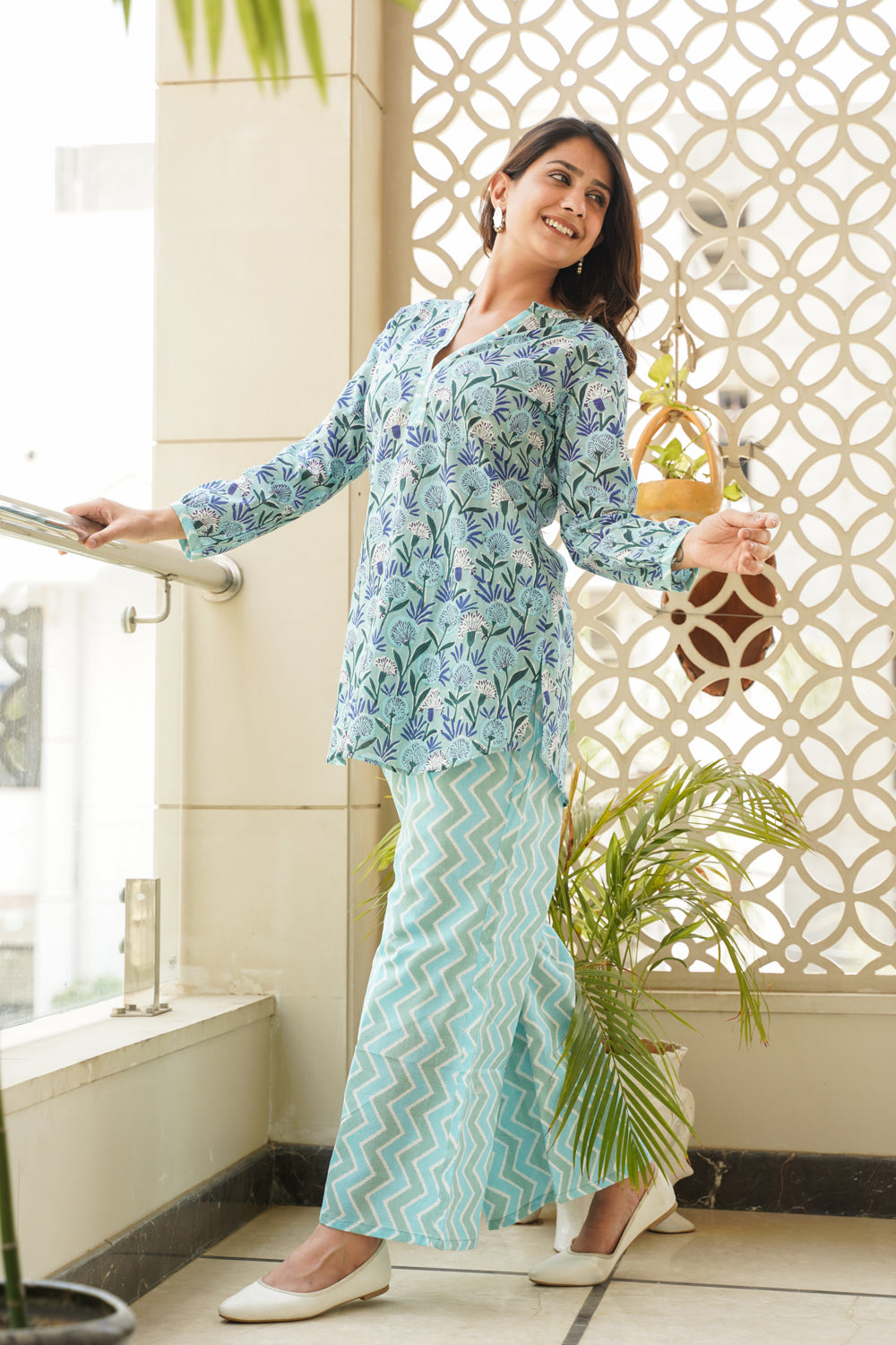 Sky blue cotton short kurta & palazzo set ( Set of 2)