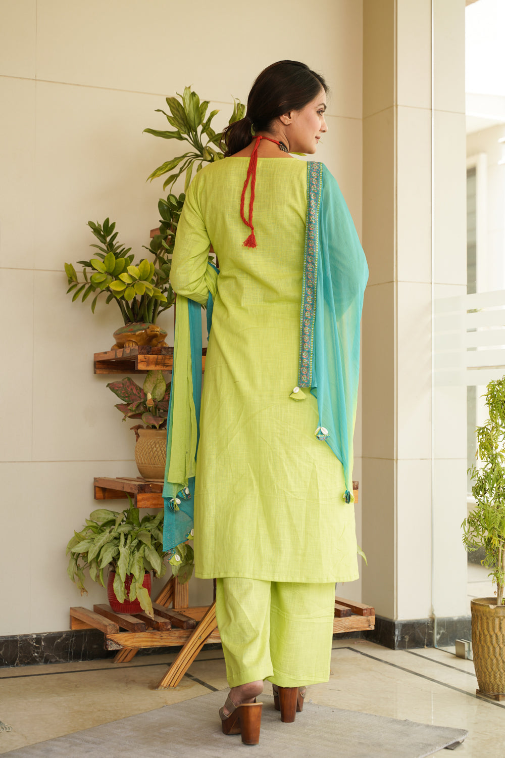 Lime green angrakha Cotton Slub kurta set - (Set of 3)