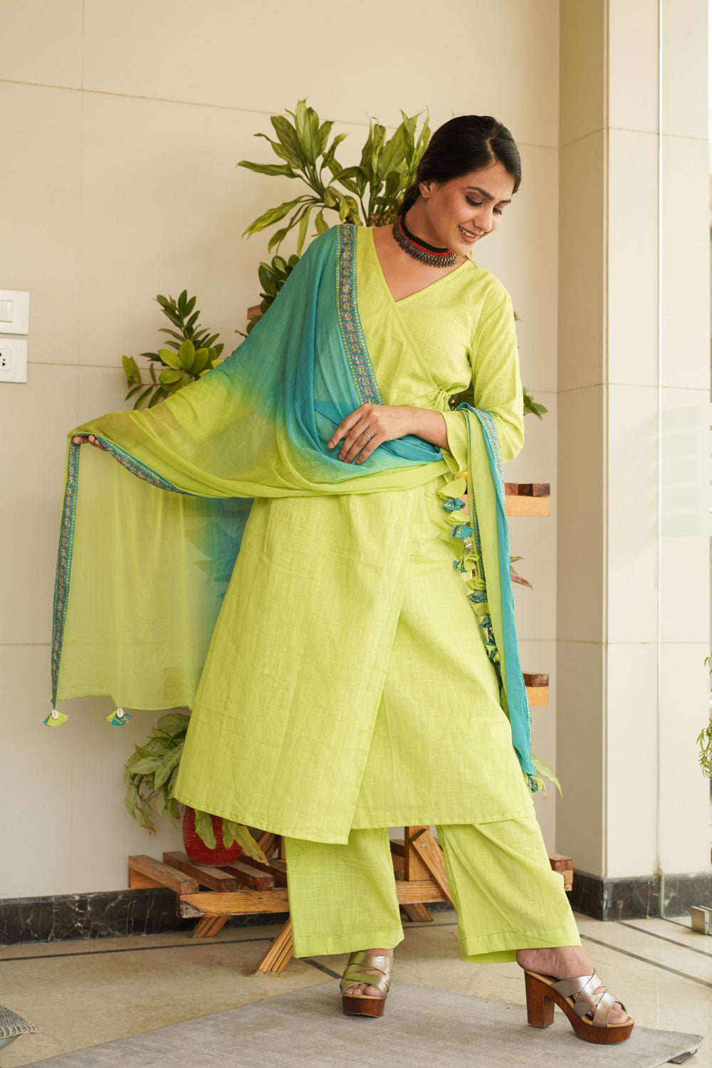 Lime green angrakha Cotton Slub kurta set - (Set of 3)