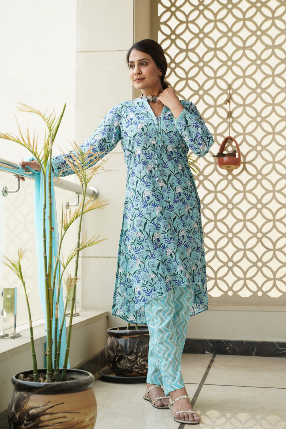 Sky blue Hilo Floral Cotton Kurta - (Set of 2)