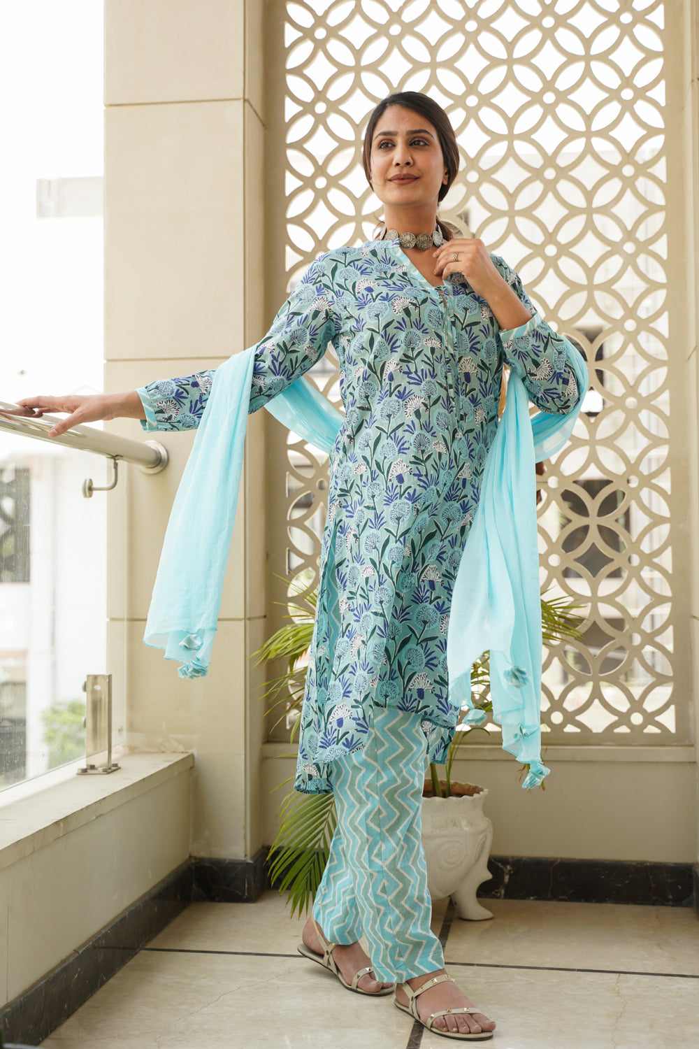 Sky blue Hilo Floral Cotton Kurta - (Set of 2)