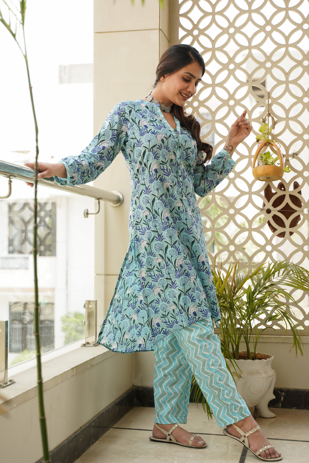 Sky blue Hilo Floral Cotton Kurta - (Set of 2)