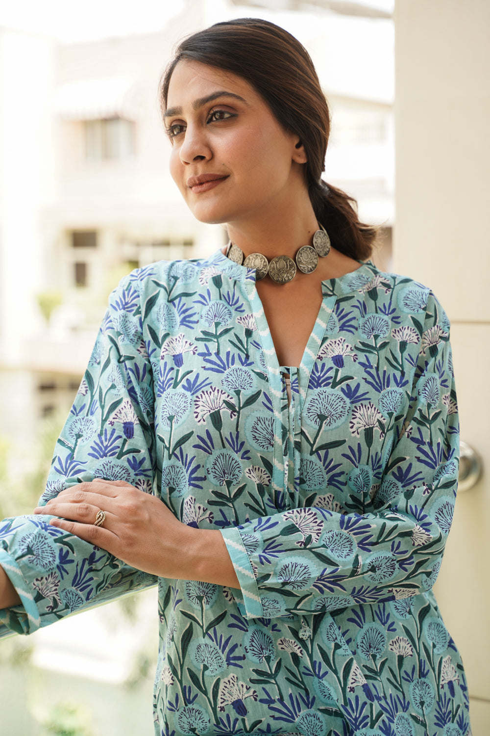 Sky blue Hilo Floral Cotton Kurta - (Set of 2)