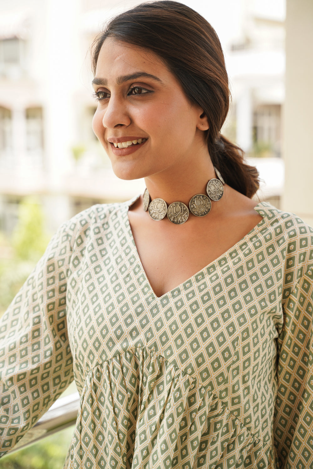 Green V Neck Tiered Short Cotton Dress