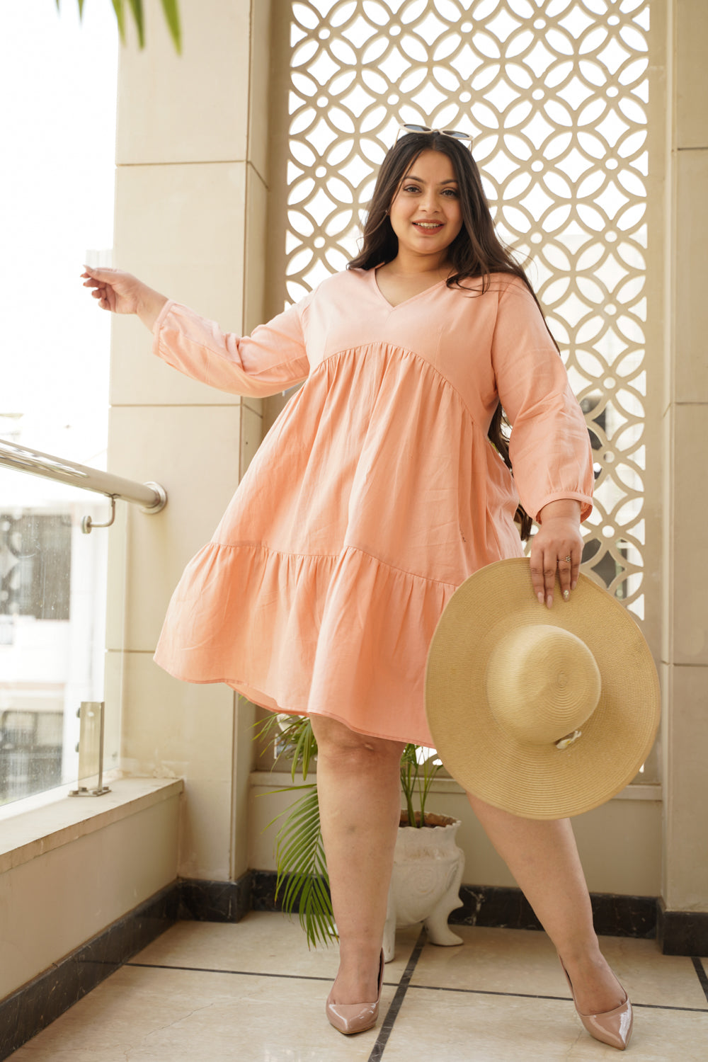 Peach Tier Linen Short V-Neck Dress